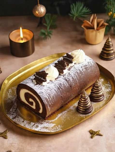 Bûche chocolat mascarpone roulée garnie de crème vanille et recouverte de ganache brillante.