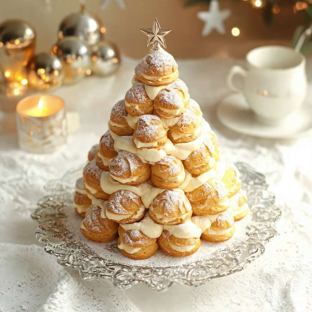 Sapin de Noël profiteroles monté en pyramide de choux garnis et décoré de chocolat et sucre glace.