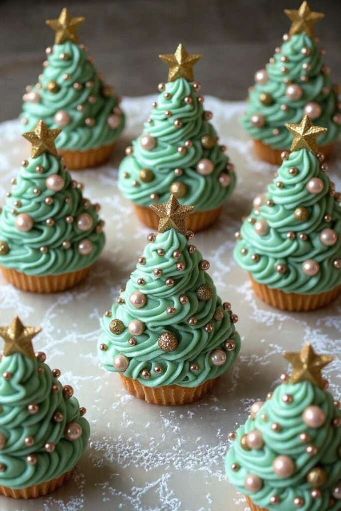 Cupcakes sapin de Noël décorés avec un glaçage vert en forme de sapin et des perles de sucre brillantes.