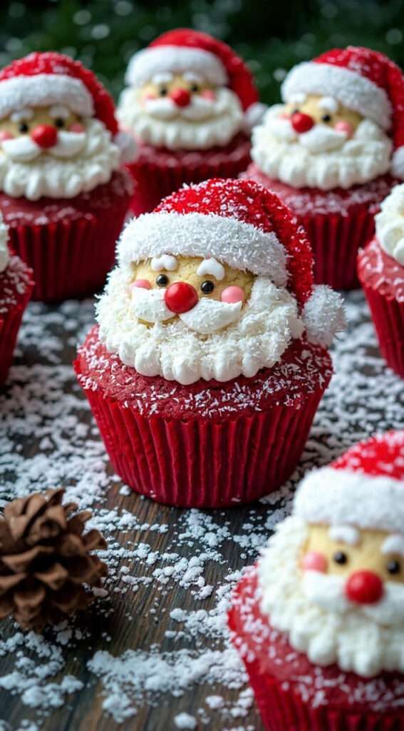 Cupcakes Père Noël décorés avec glaçage blanc, bonnet rouge et barbe en crème, recette Cupcakes Père Noël.