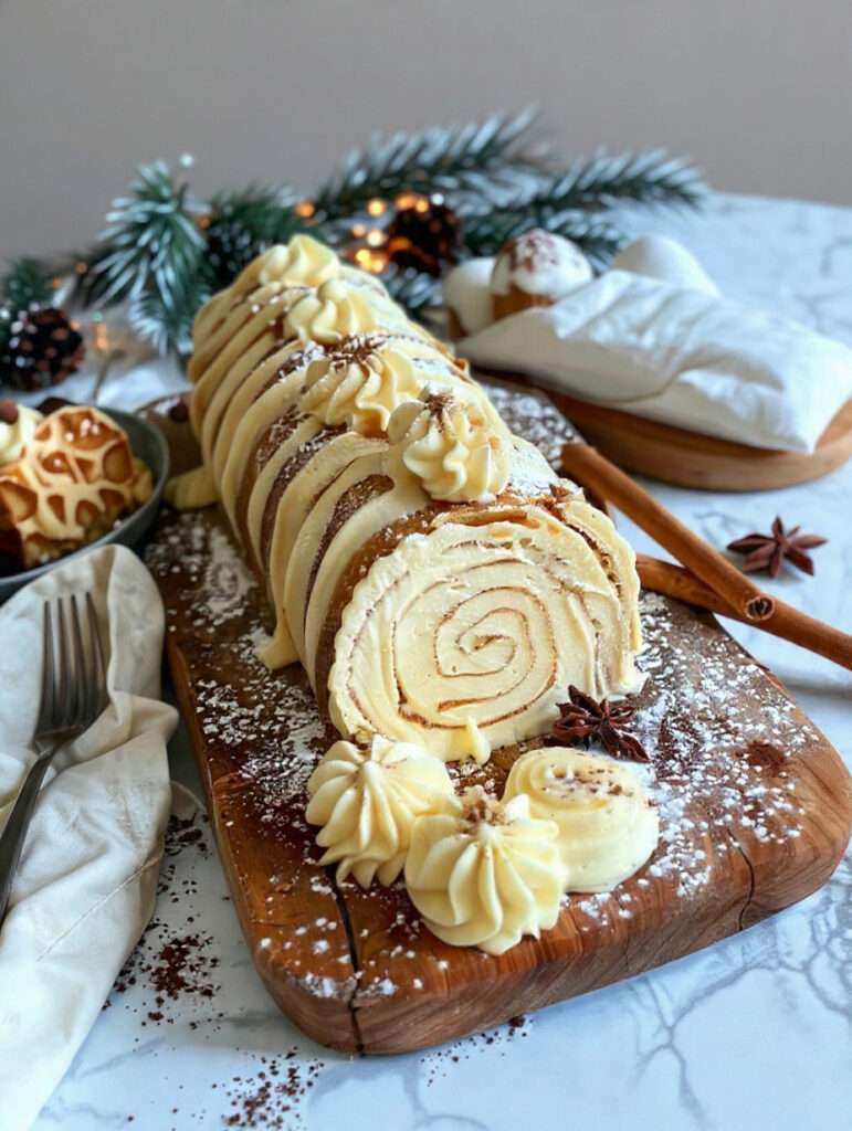 Bûche roulée au chocolat blanc garnie de framboises fraîches et décorée de sucre glace.