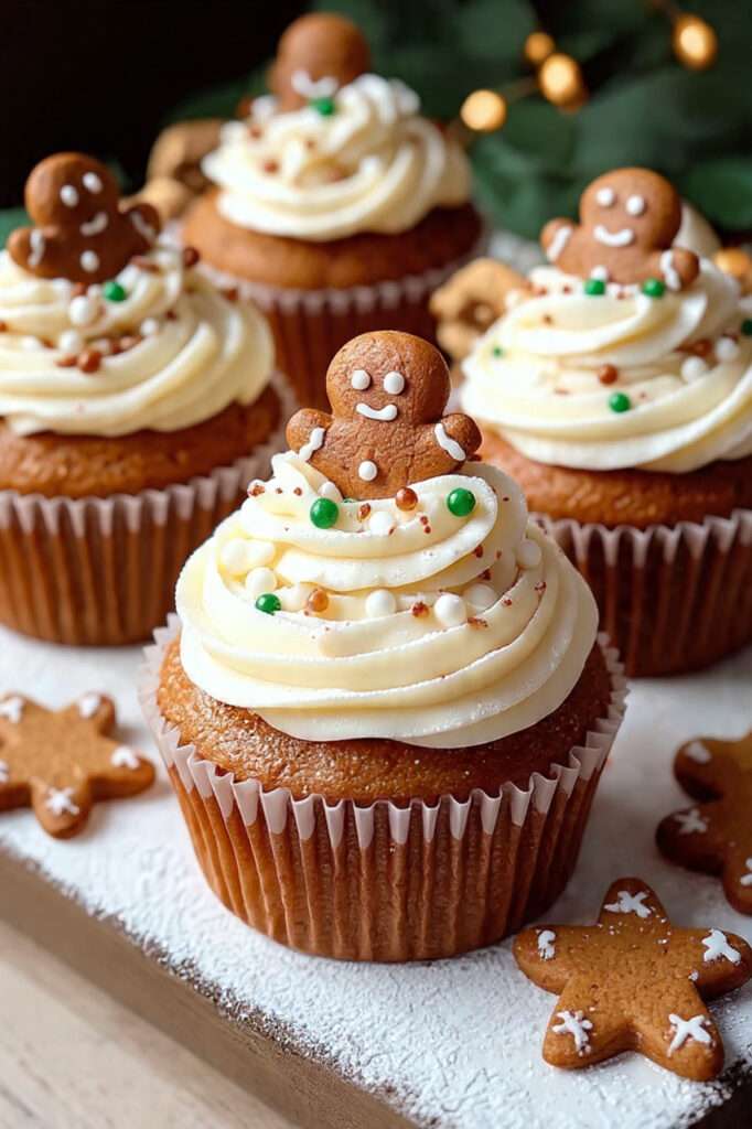 Cupcakes pain d’épices décorés avec un glaçage cream cheese et des décorations de Noël.