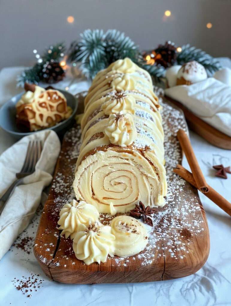 Bûche roulée au chocolat blanc garnie de framboises fraîches et décorée de sucre glace.