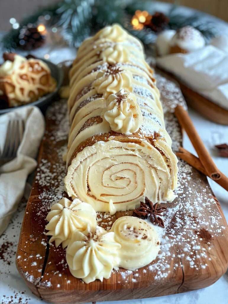 Bûche roulée au chocolat blanc garnie de framboises fraîches et décorée de sucre glace.