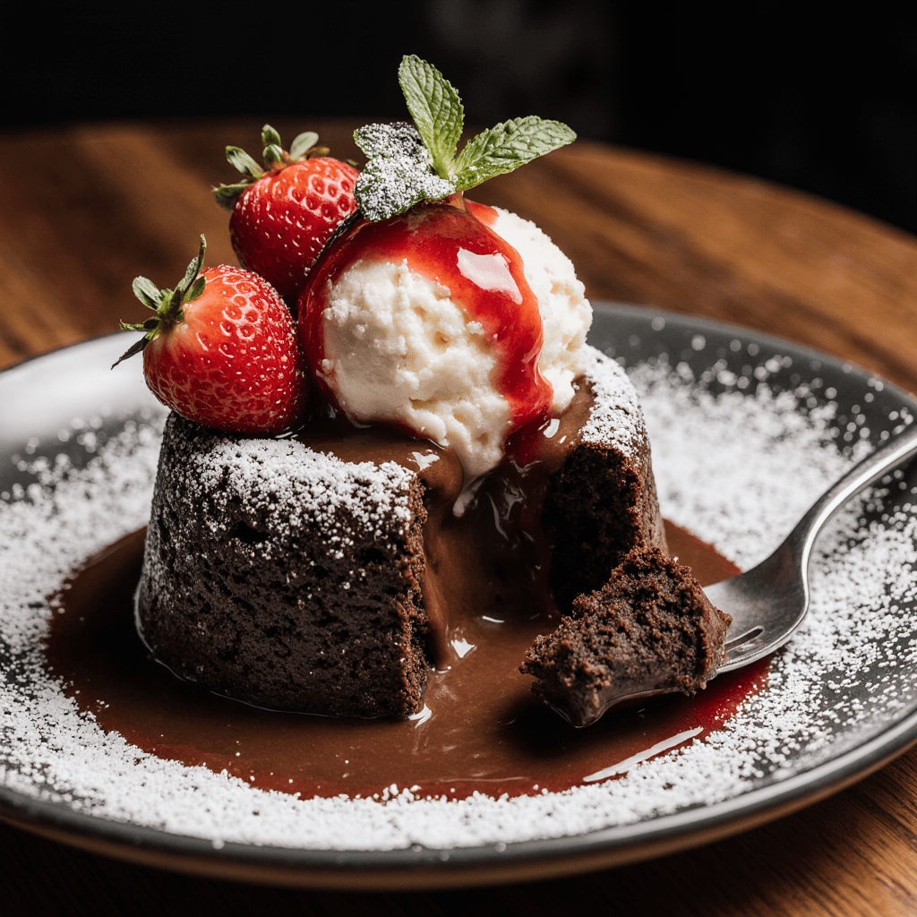 Fondant au chocolat individuel avec cœur coulant servi avec glace vanille.