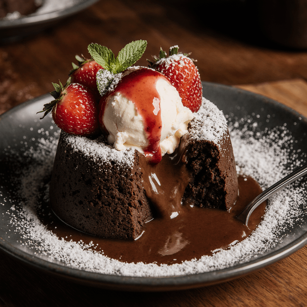 Fondant au chocolat individuel avec cœur coulant servi avec glace vanille.