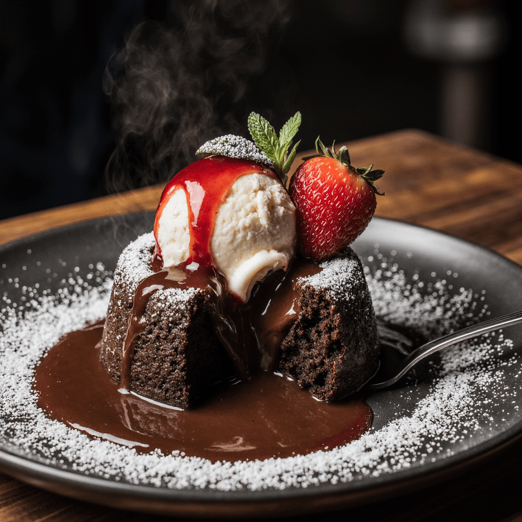 Fondant au chocolat individuel avec cœur coulant servi avec glace vanille.