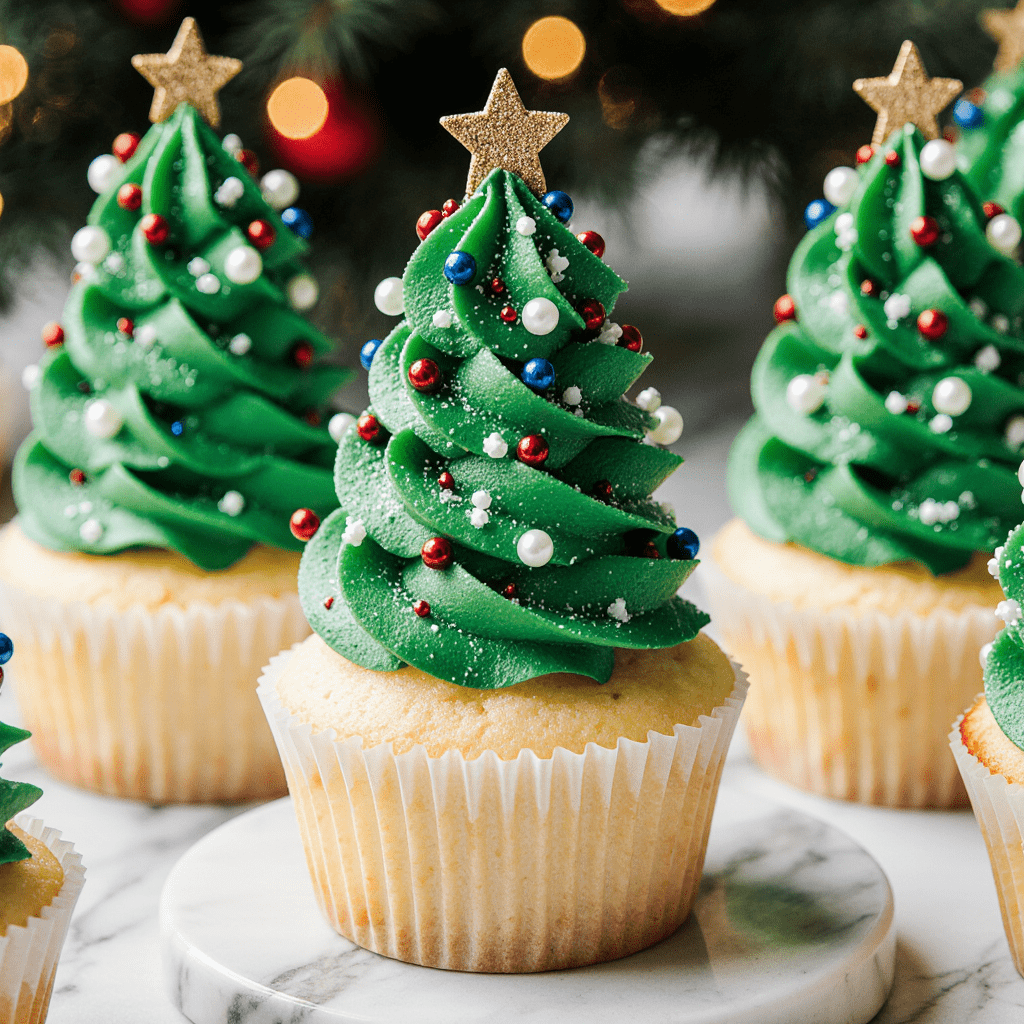 Cupcakes sapin de Noël décorés avec un glaçage vert en forme d’arbre et paillettes festives sur une table de fête.