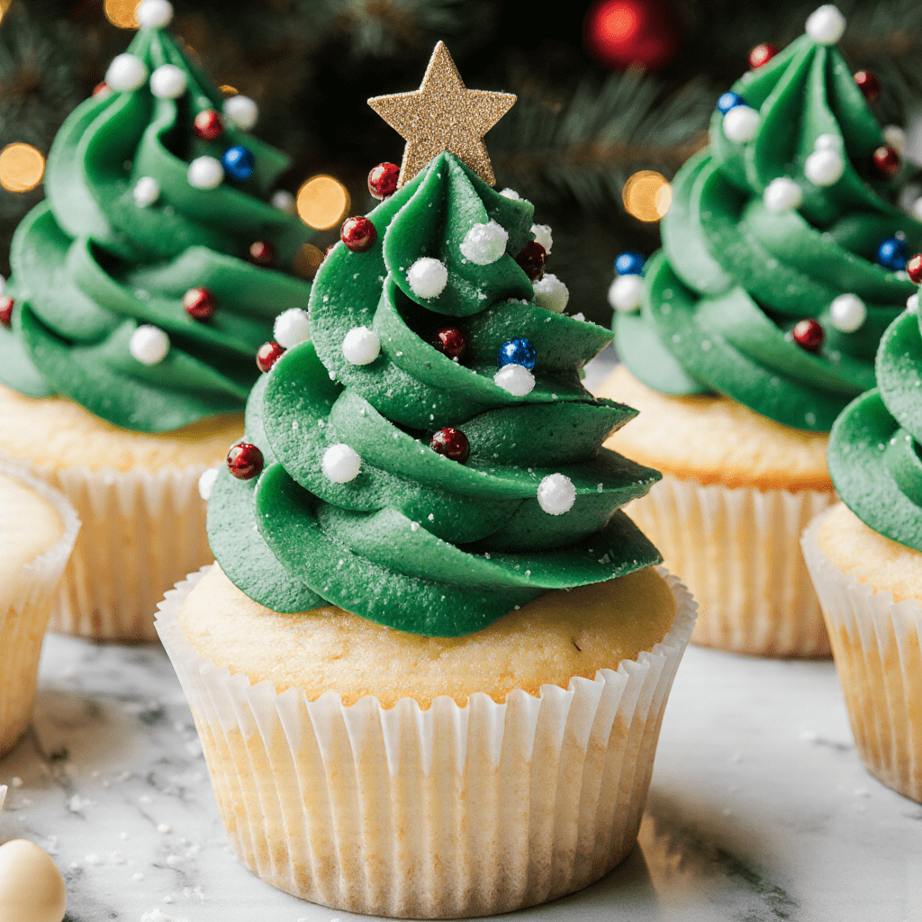Cupcakes sapin de Noël décorés avec un glaçage vert en forme d’arbre et paillettes festives sur une table de fête.