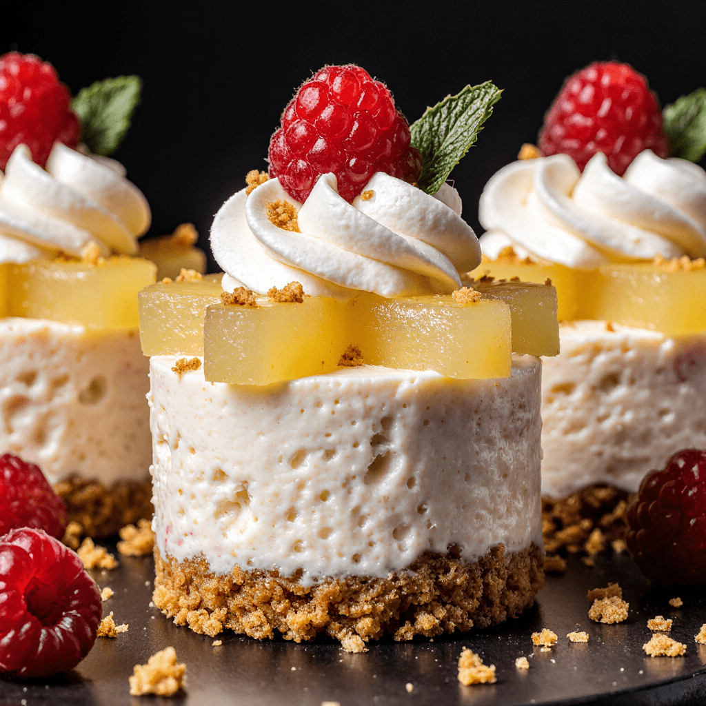 Cheesecake sans cuisson à l’ananas décoré de chantilly et framboises sur un plat de service.