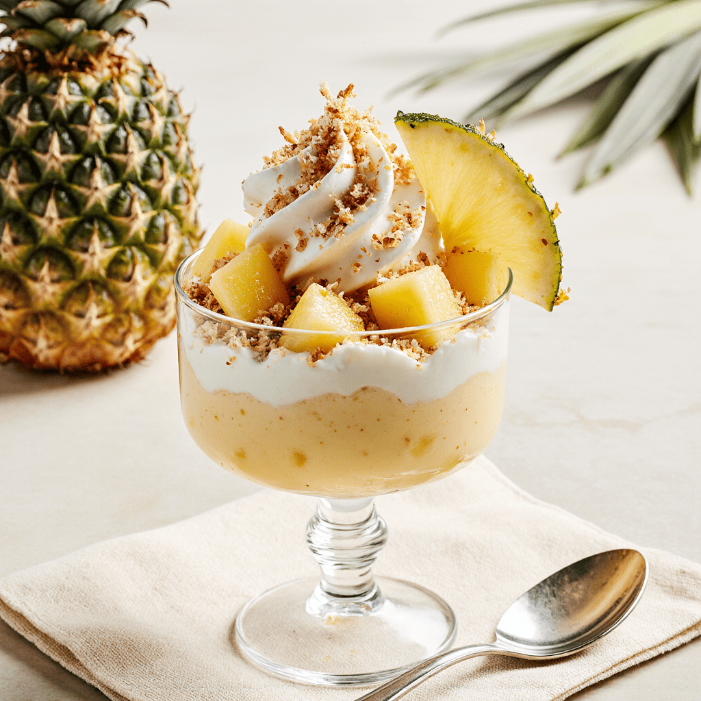 Verrines de dessert coco-ananas façon Piña Colada avec noix de coco grillée.