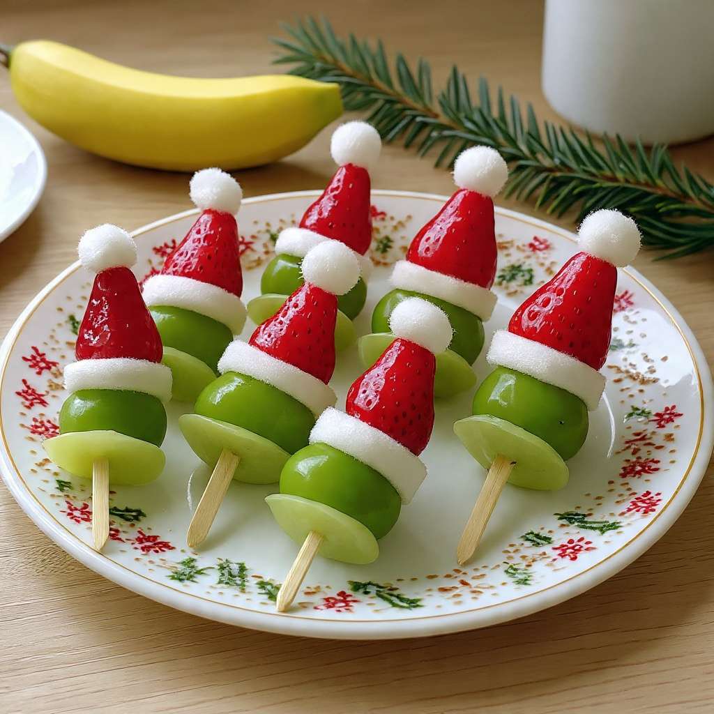 Brochettes Père Noël aux fruits avec fraises, raisins et banane sur un plateau festif