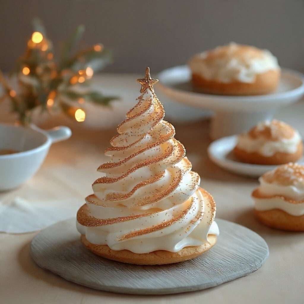 Sapin de Noël gourmand en pâte sablée et crème vanille décoré de paillettes dorées