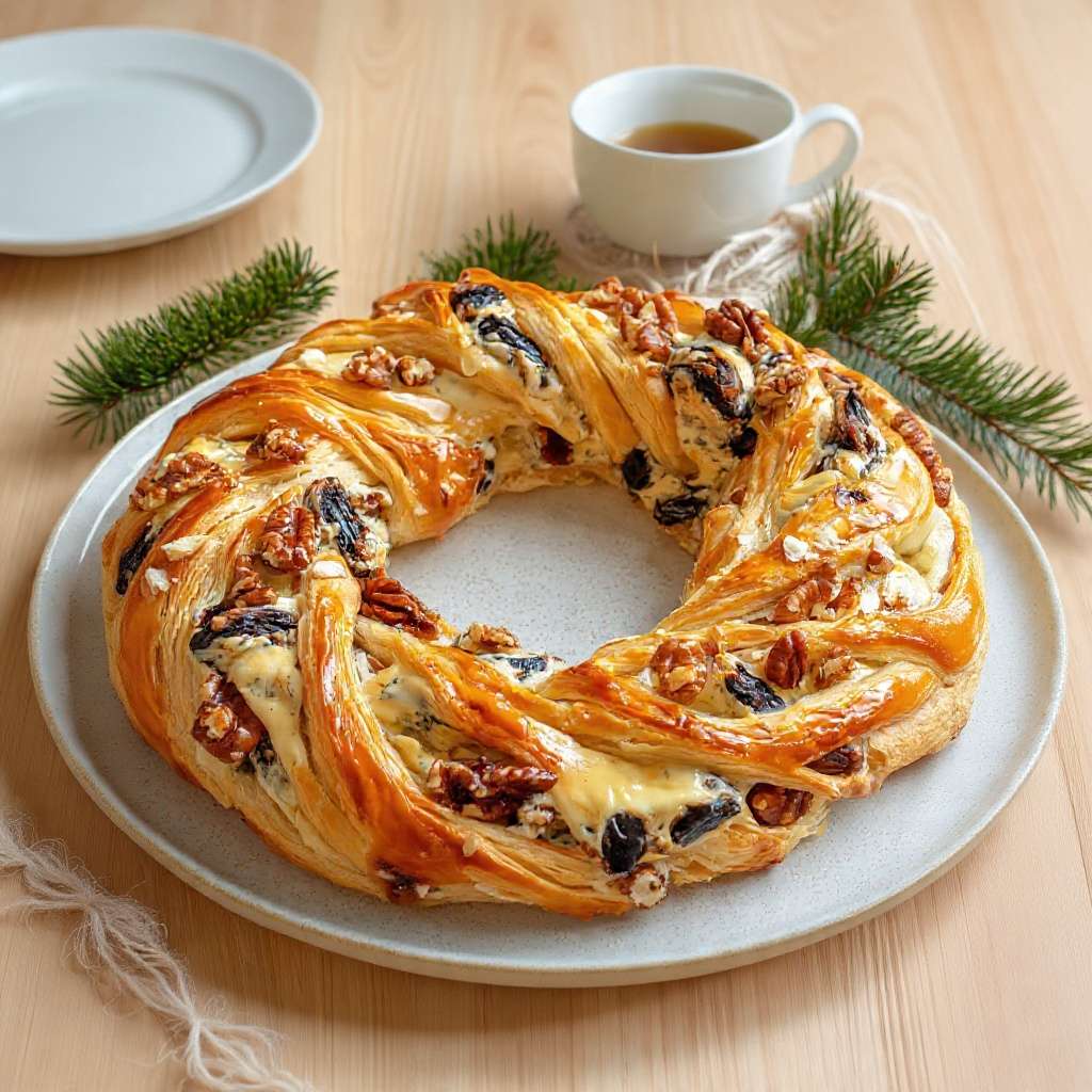 Couronne feuilletée fromage, noix et pruneaux dorée et croustillante sur une plaque