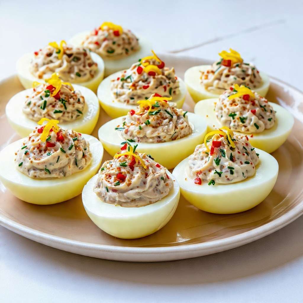 Œufs farcis thon garnis d’herbes fraîches, poivron rouge et zeste de citron