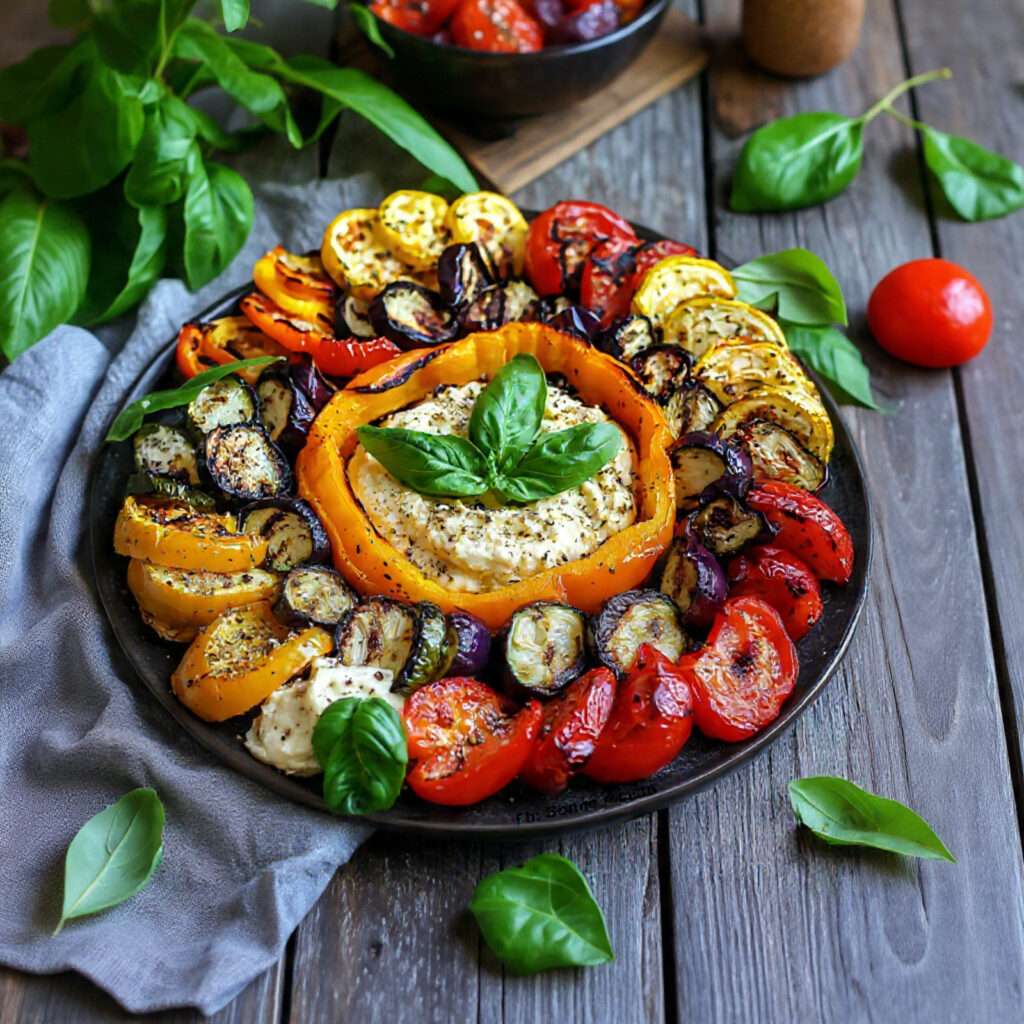 Couronne légumes grillés autour d’un houmous crémeux décoré de basilic