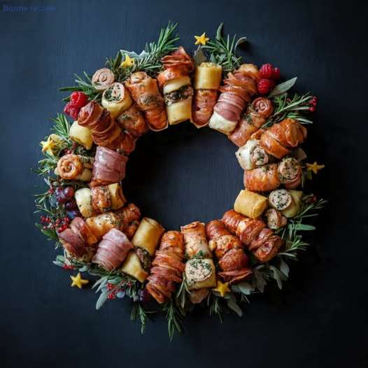 Couronne roulés gourmands composée de bouchées dorées, romarin et fruits rouges