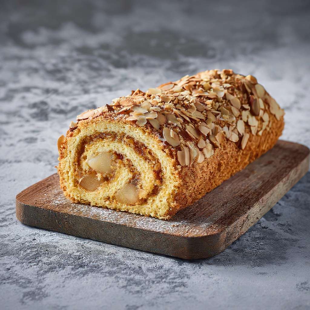 Roulé poire amande garni de crème mascarpone et amandes effilées