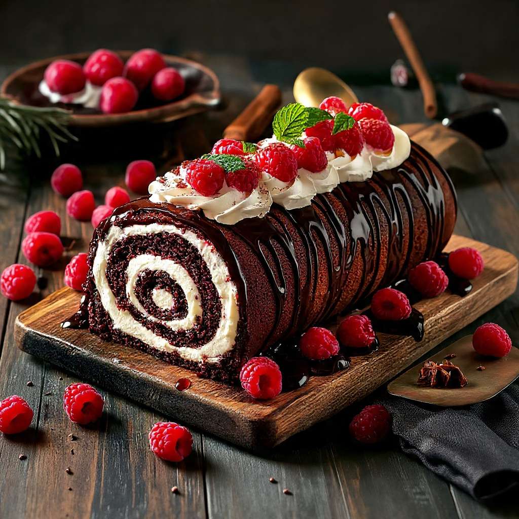 Bûche chocolat framboise décorée de framboises fraîches et ganache brillante