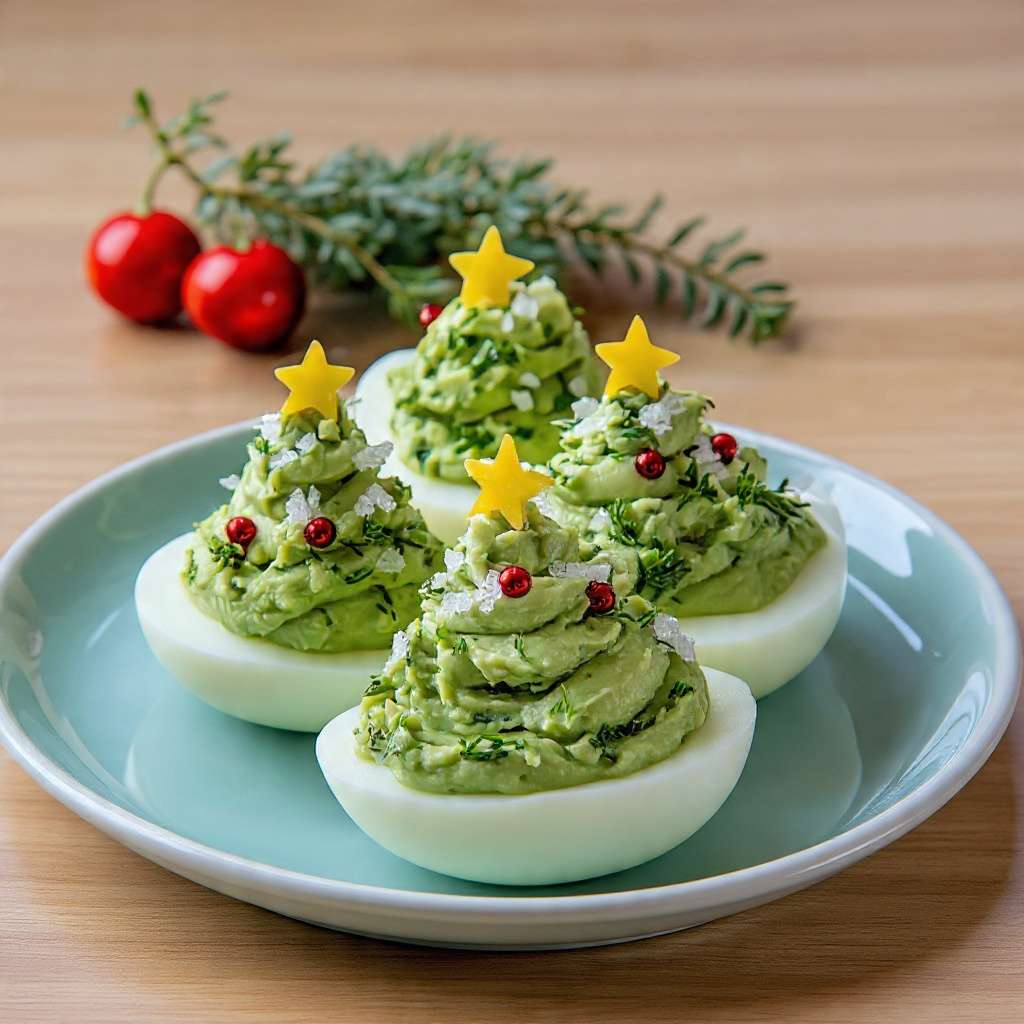 Œufs farcis guacamole en forme de sapins décorés de perles rouges et étoiles de fromage