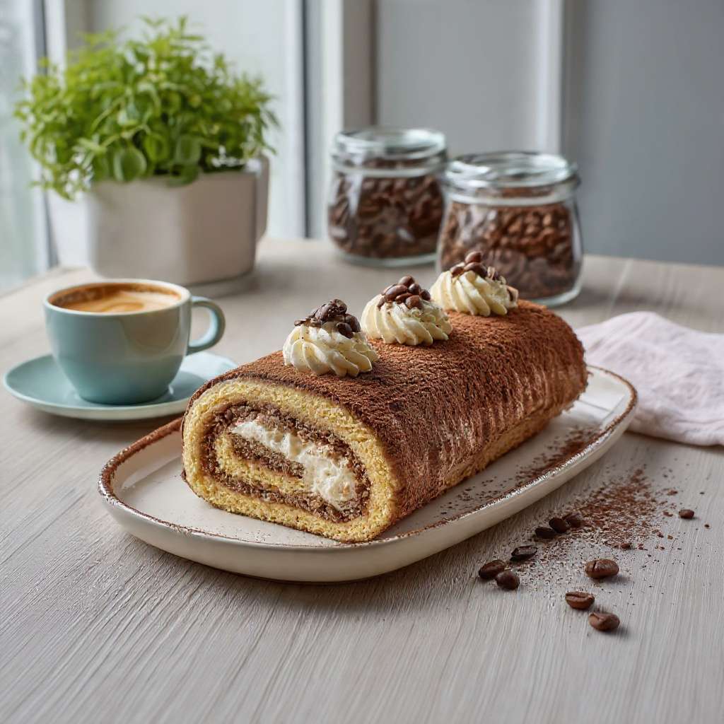 Roulé tiramisu café au mascarpone, saupoudré de cacao et décoré de grains de café
