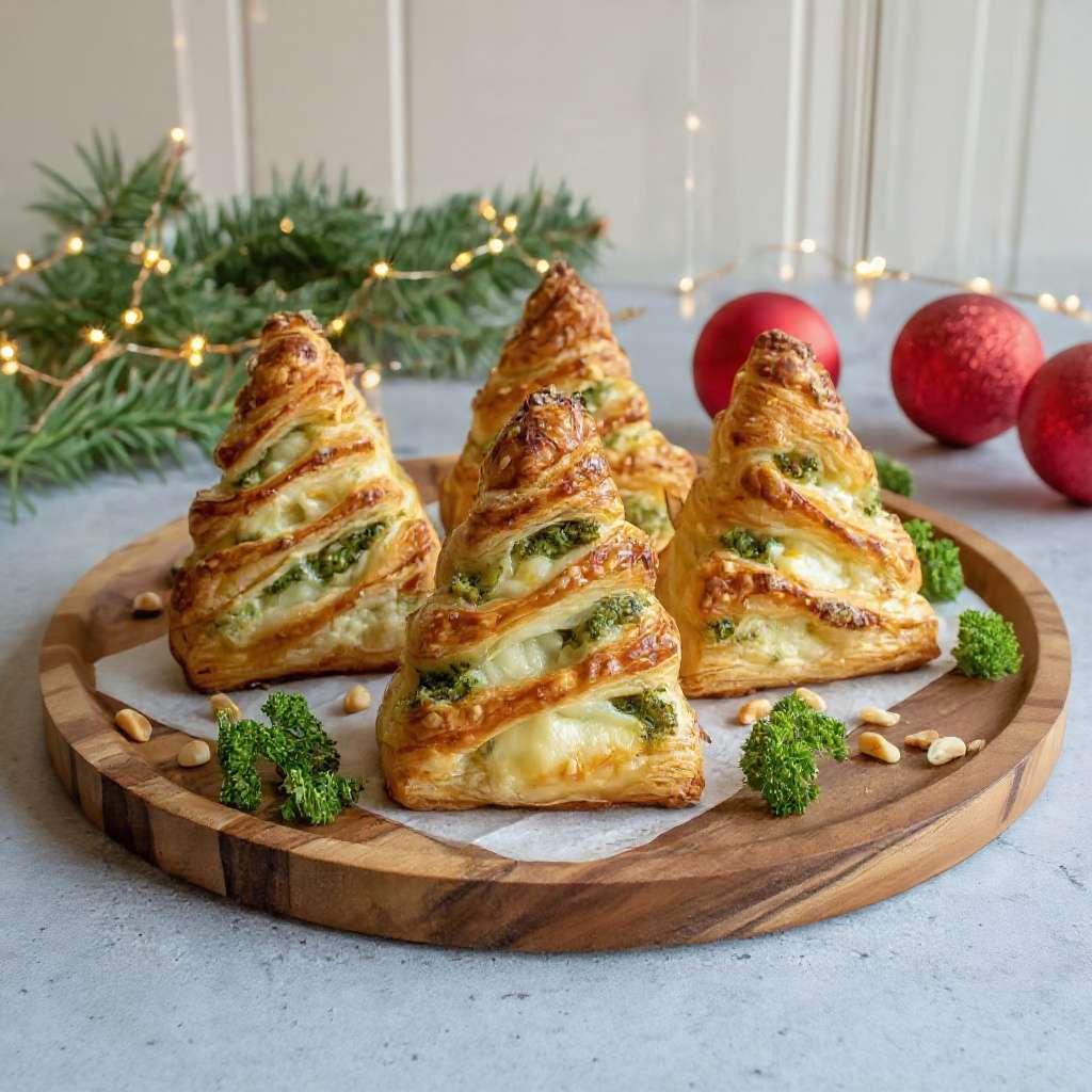 Sapins feuilletés brocoli garnis de pesto, mozzarella fondante et pignons de pin dorés