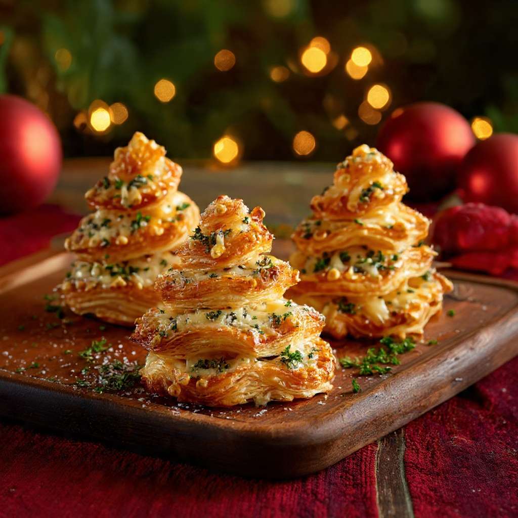 Feuilletés sapins au fromage dorés aux herbes de Provence servis en apéritif de Noël