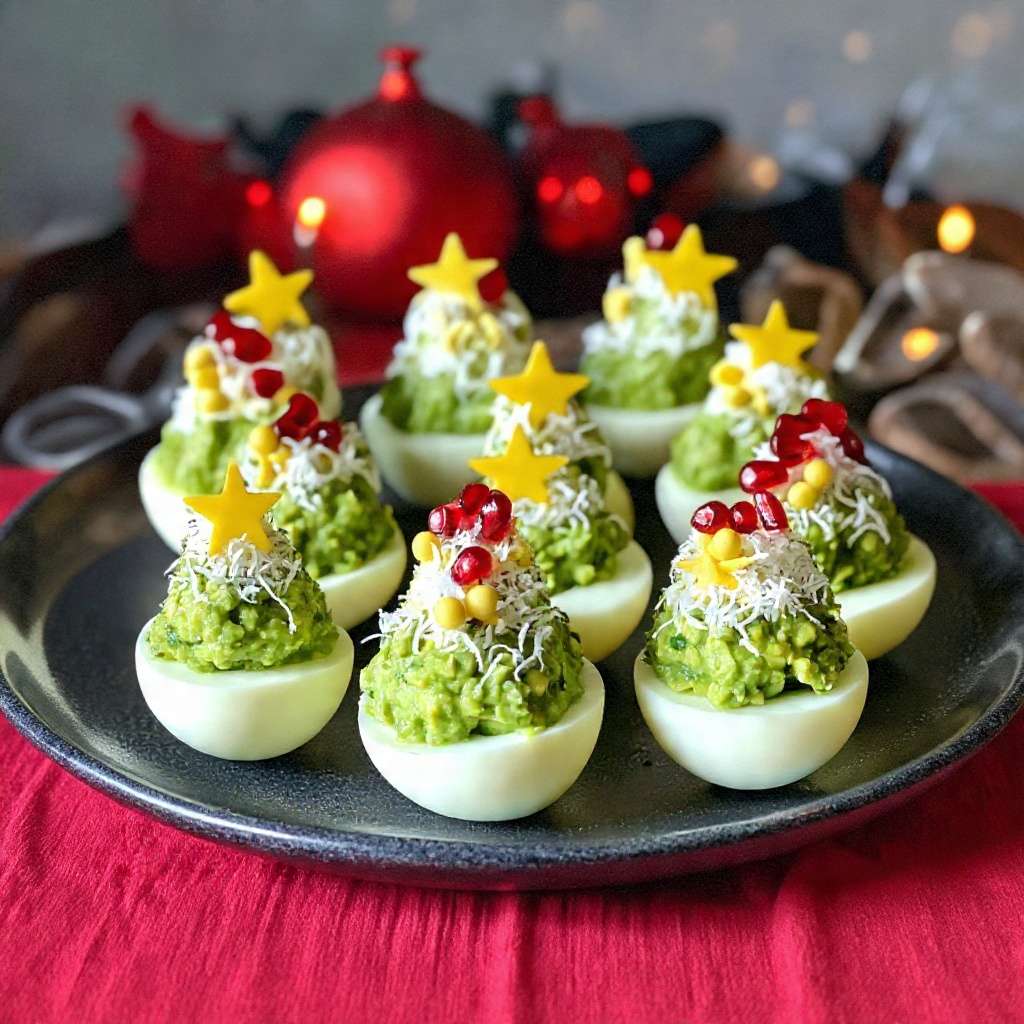 Assiette d’œufs mimosa sapin de Noël à l’avocat décorés de fromage râpé et graines de grenade