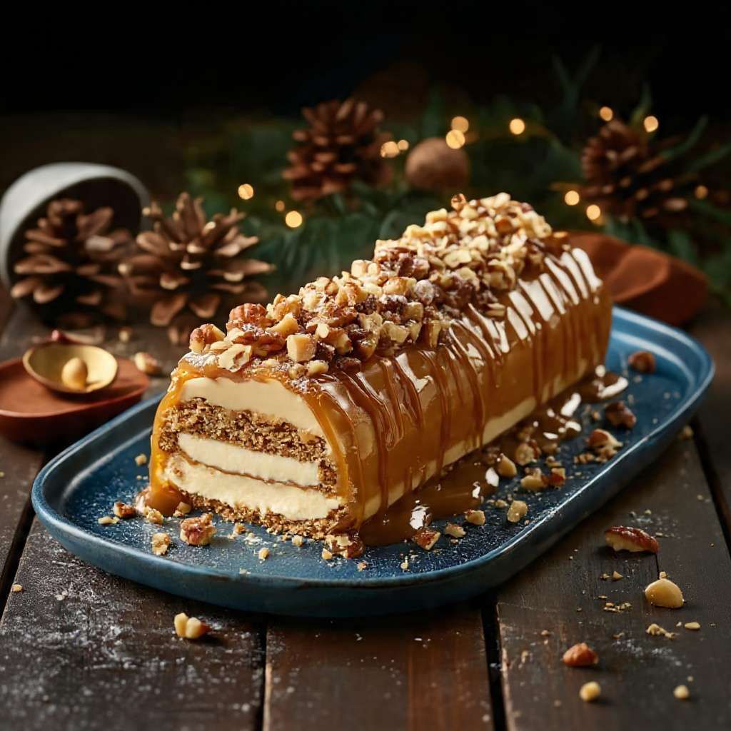 Bûche caramel beurre salé glacée avec éclats croquants et caramel coulant