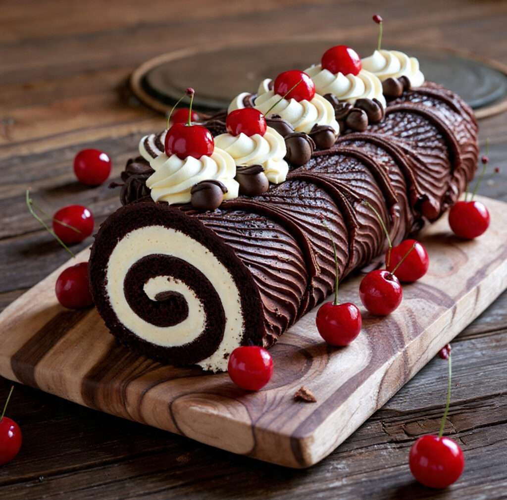Bûche chocolat cerises garnie de chantilly, cerises et ganache brillante