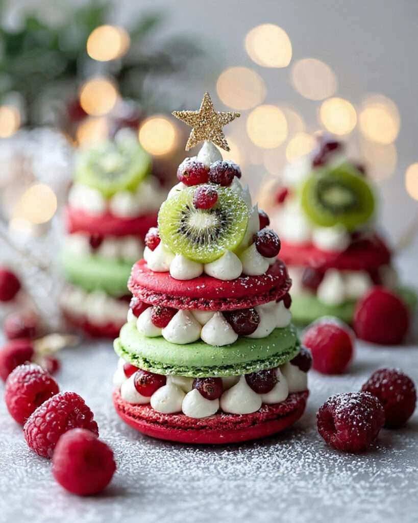 Sapins de Noël en macarons empilés, garnis de buttercream, de groseilles rouges, de kiwi et saupoudrés de sucre glace sur un plateau de fête.