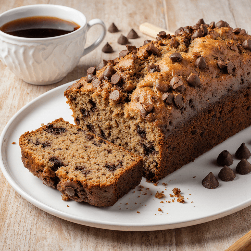 Cake café chocolat moelleux coupé en tranches sur une planche en bois.