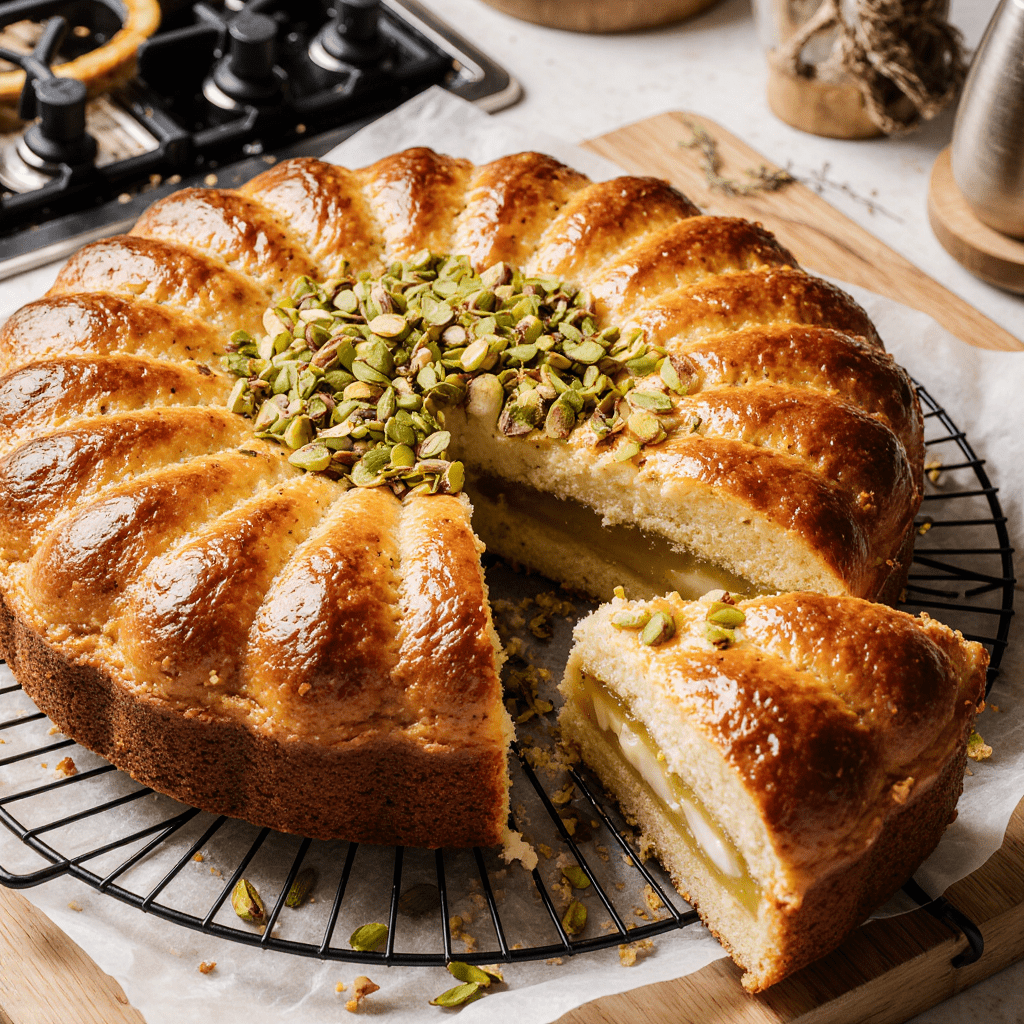 Photo : Galette des Rois dorée à la pistache, découpée, vue de dessus sur un plat, avec crème fondante au centre.