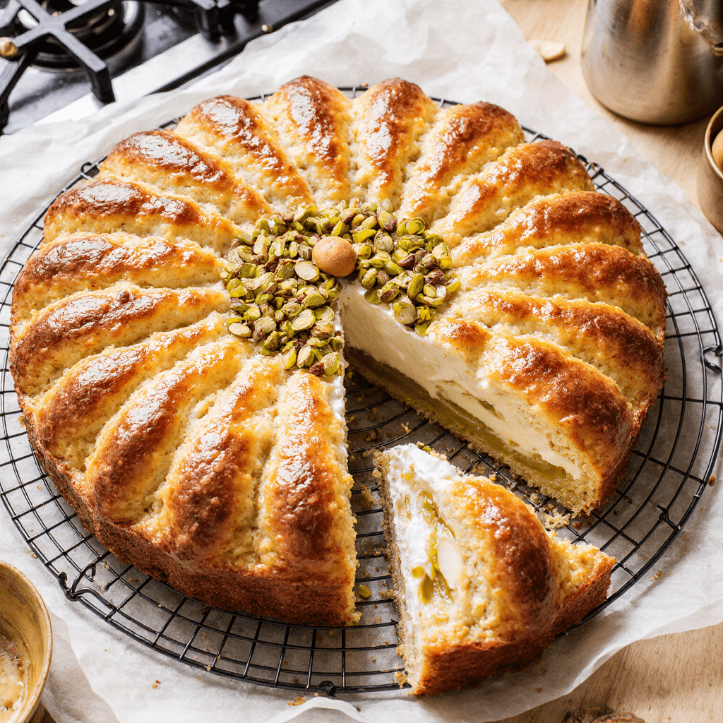Photo : Galette des Rois dorée à la pistache, découpée, vue de dessus sur un plat, avec crème fondante au centre.