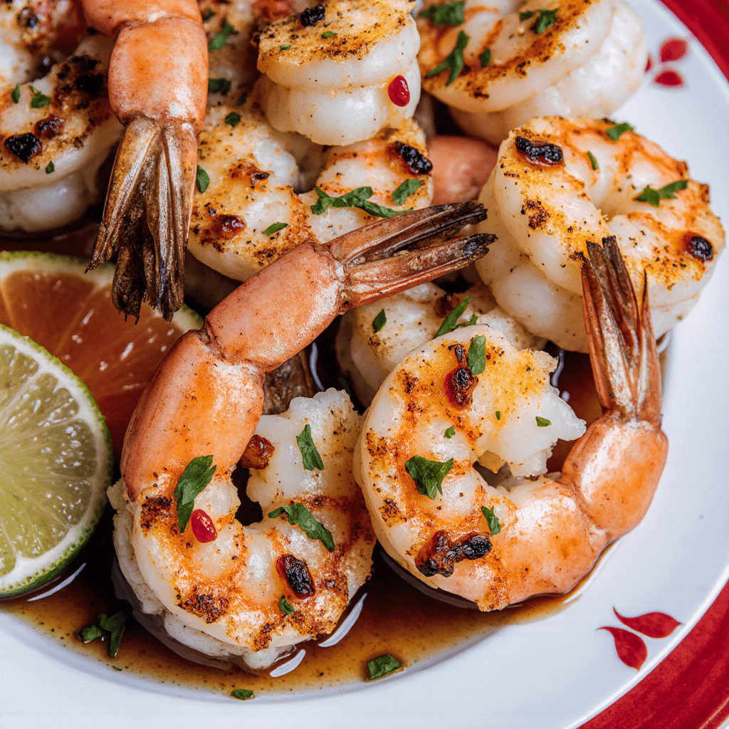 Gambas grillées servies avec citron vert et coriandre fraîche.