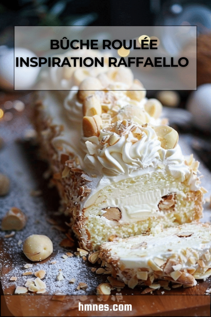 Bûche Raffaello Maison recouverte de noix de coco et garnie de chocolat blanc et d’amandes.