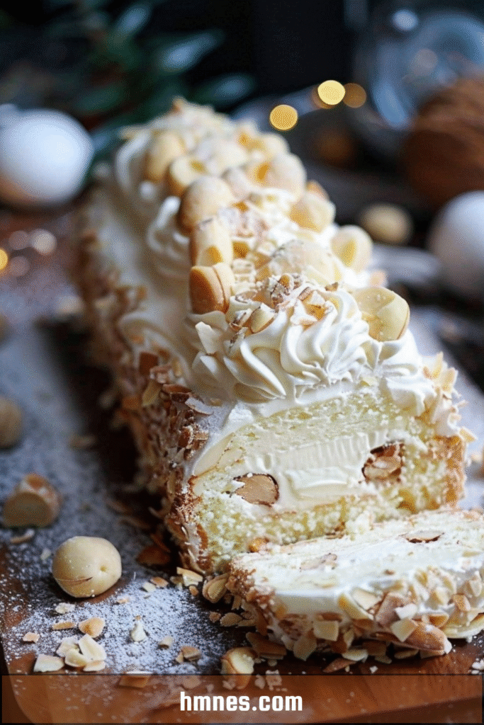 Bûche roulée inspiration Raffaello recouverte de noix de coco et garnie de chocolat blanc et d’amandes.