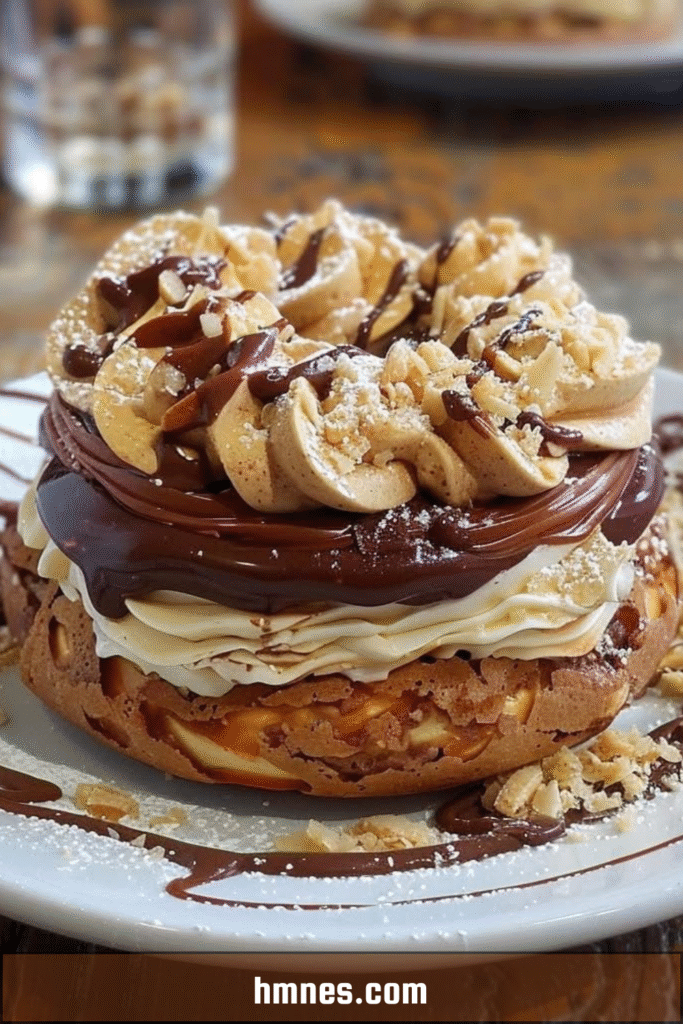 Paris-Brest chocolat noisette maison en couronne, garni de ganache au chocolat noir et noisettes sur plat de dessert élégant.
