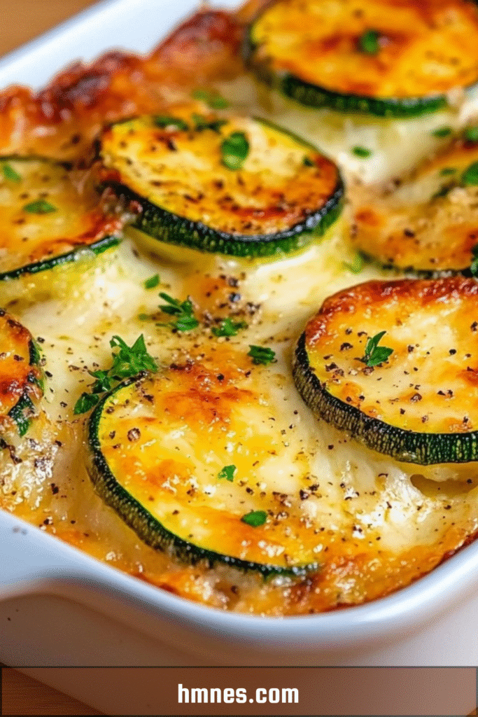 Gratin de courgettes au fromage allégé en sel doré au four, servi dans un plat familial avec persil frais en décoration.
