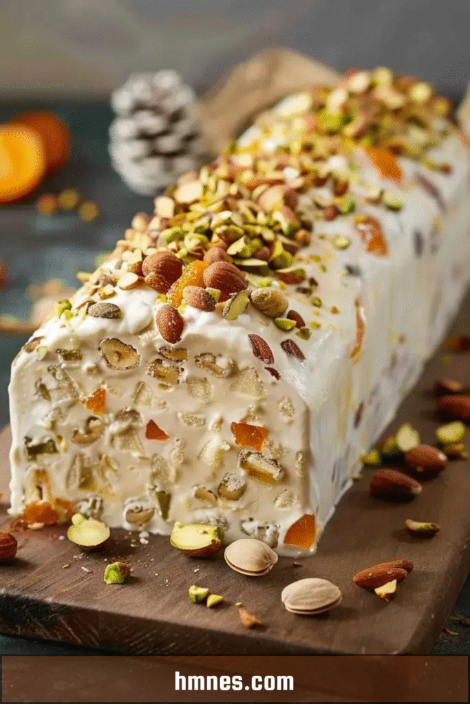 Tranche de nougat glacé maison aux fruits secs, parsemée d’amandes caramélisées, pistaches et abricots, servie avec un coulis de fruits rouges sur une assiette de fête.