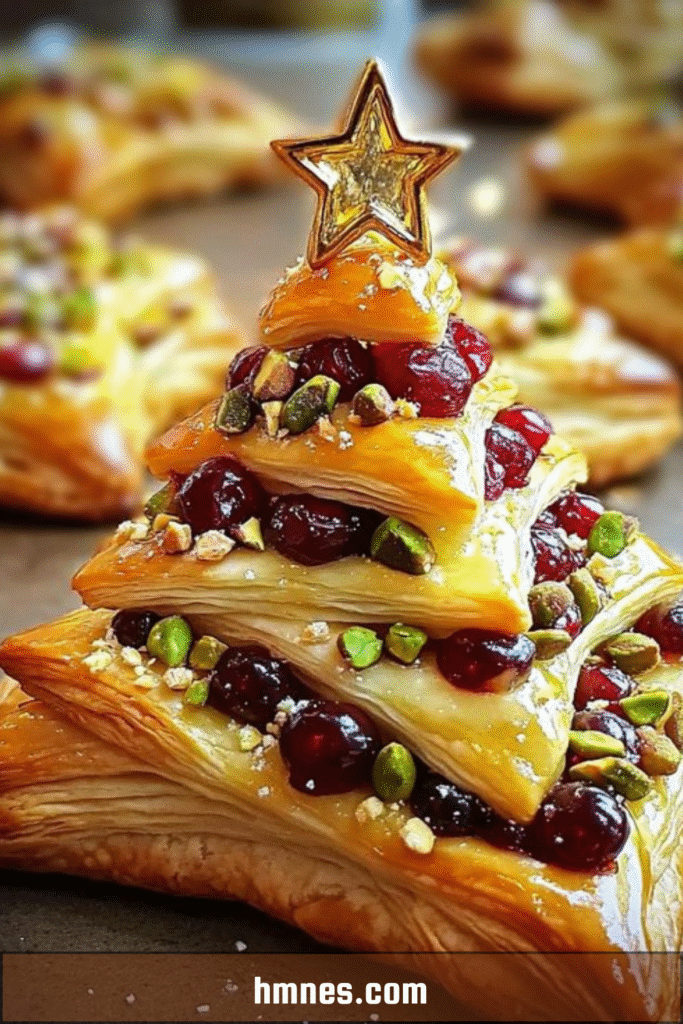 Mini sapins feuilletés dorés garnis de camembert, canneberges et pistaches, présentés sur un plateau en apéritif festif de Noël.