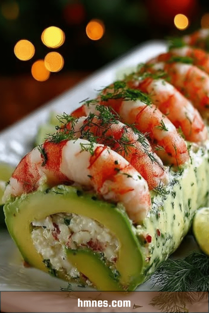 Rouleau d’avocat aux crevettes tranché en rondelles, garni de fromage frais et d’aneth, présenté sur un plat de service en entrée froide raffinée.