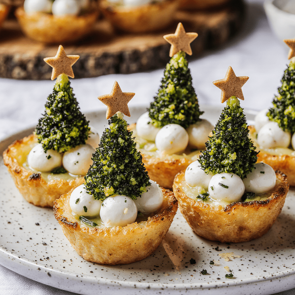 Pommes de terre garnies de fromage frais décorées de brocoli en forme de sapin de Noël.