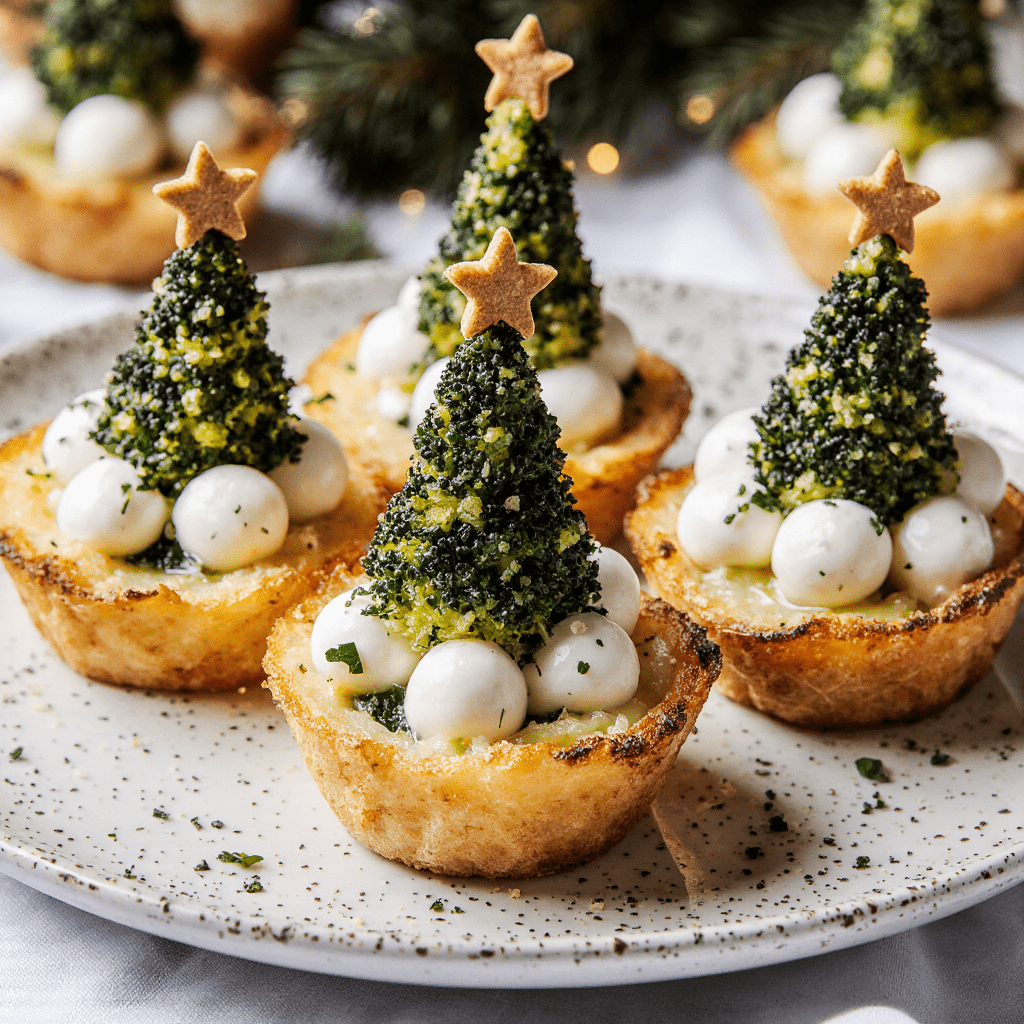 Pommes de terre garnies de fromage frais décorées de brocoli en forme de sapin de Noël.