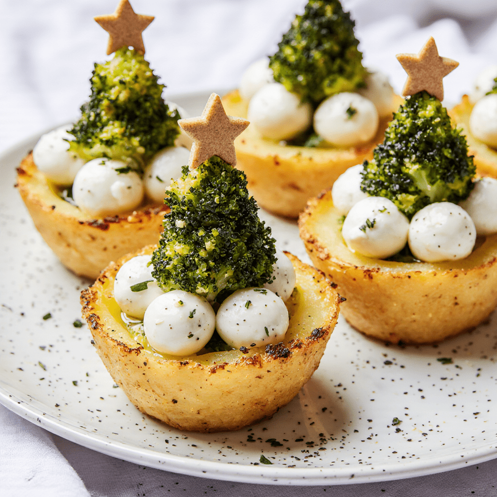 Pommes de terre garnies de fromage frais décorées de brocoli en forme de sapin de Noël.