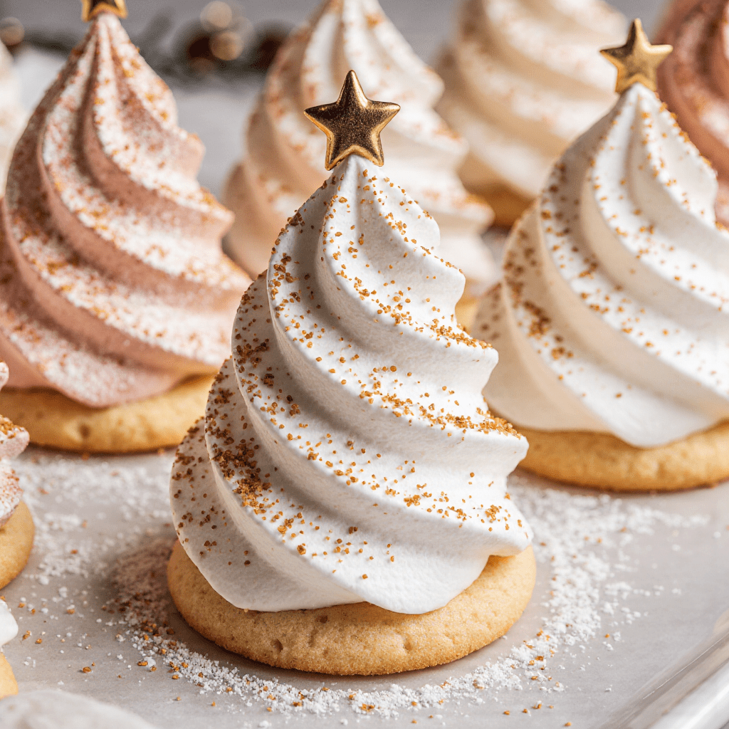 Biscuits sablés décorés de meringues en forme de petits sapins de Noël sur une plaque.