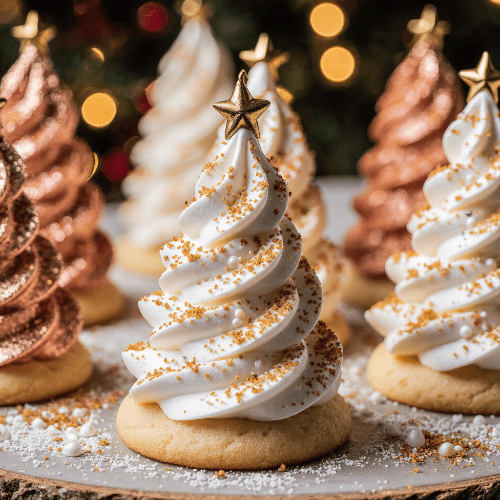 Biscuits sablés décorés de meringues en forme de petits sapins de Noël sur une plaque.