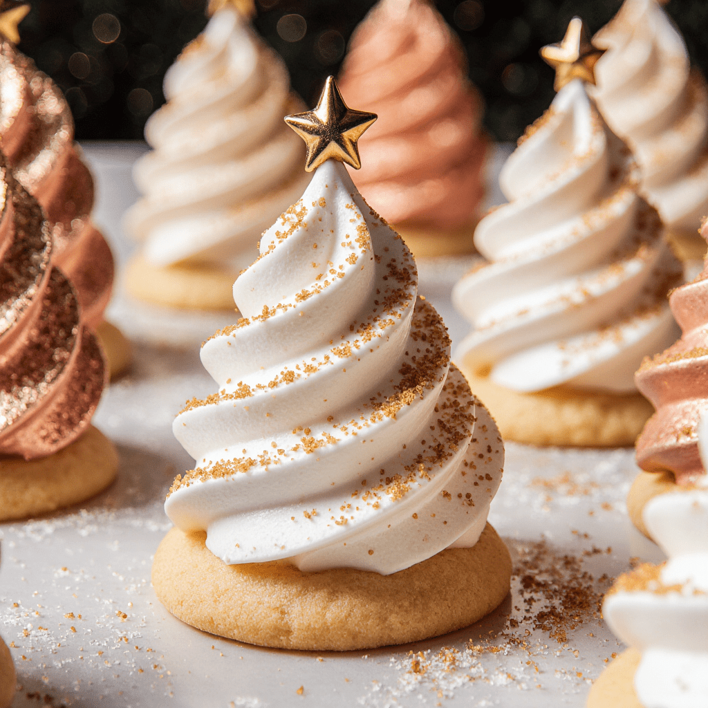 Biscuits sablés décorés de meringues en forme de petits sapins de Noël sur une plaque.