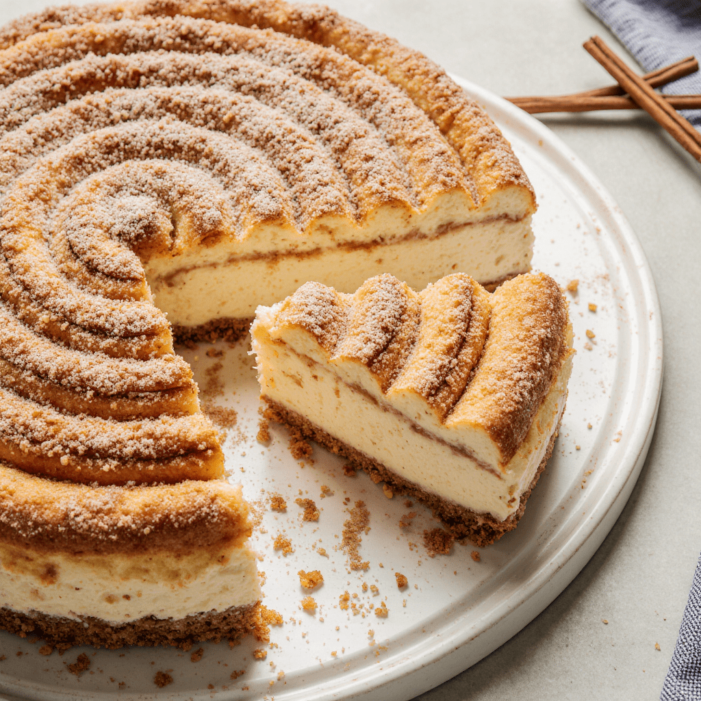 Cheesecake saveur churros avec couche de sucre à la cannelle dorée.