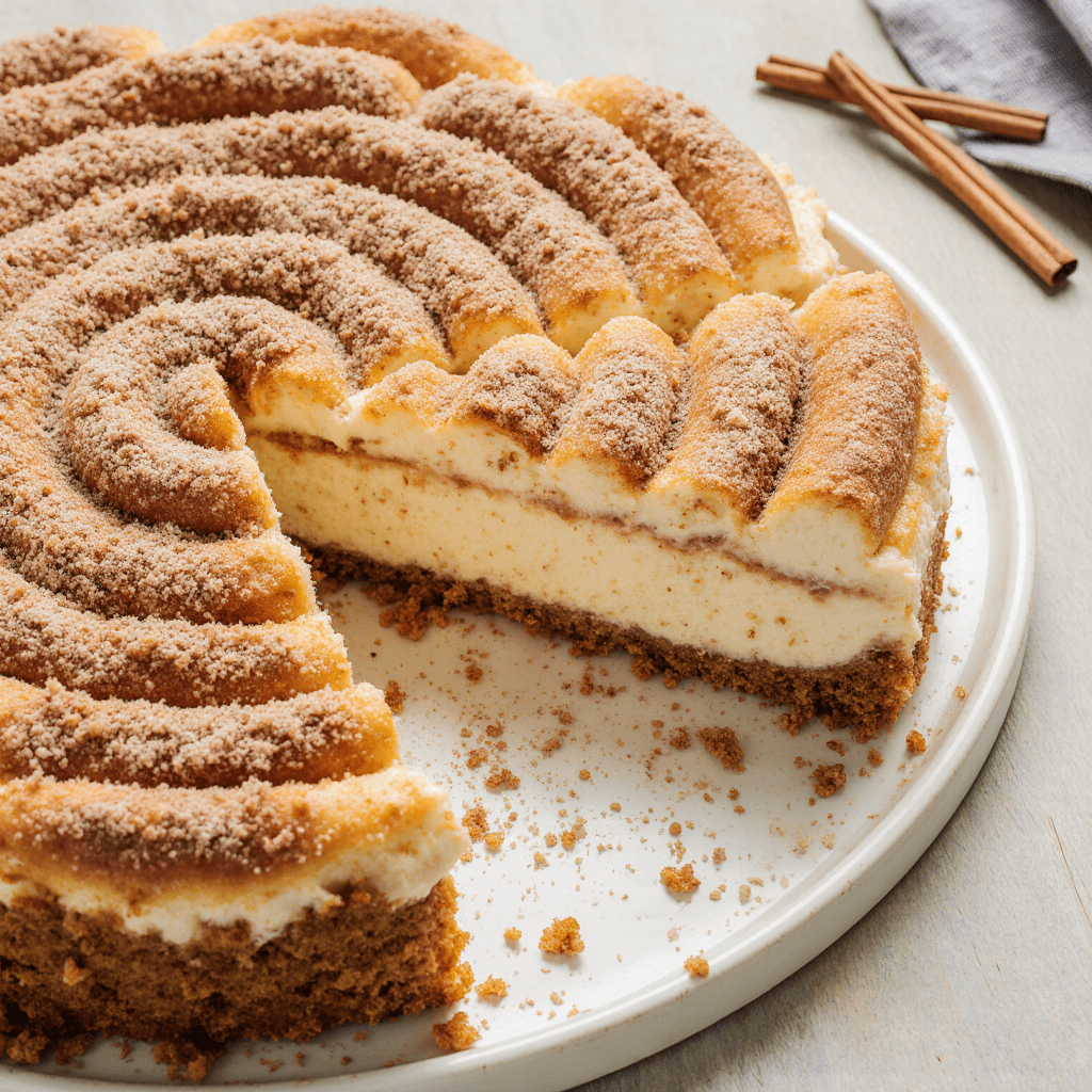 Cheesecake saveur churros avec couche de sucre à la cannelle dorée.